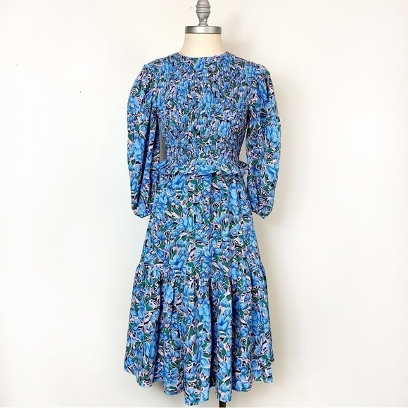Blue Floral Dress with Smocked Bodice and Puff Sleeves size XS